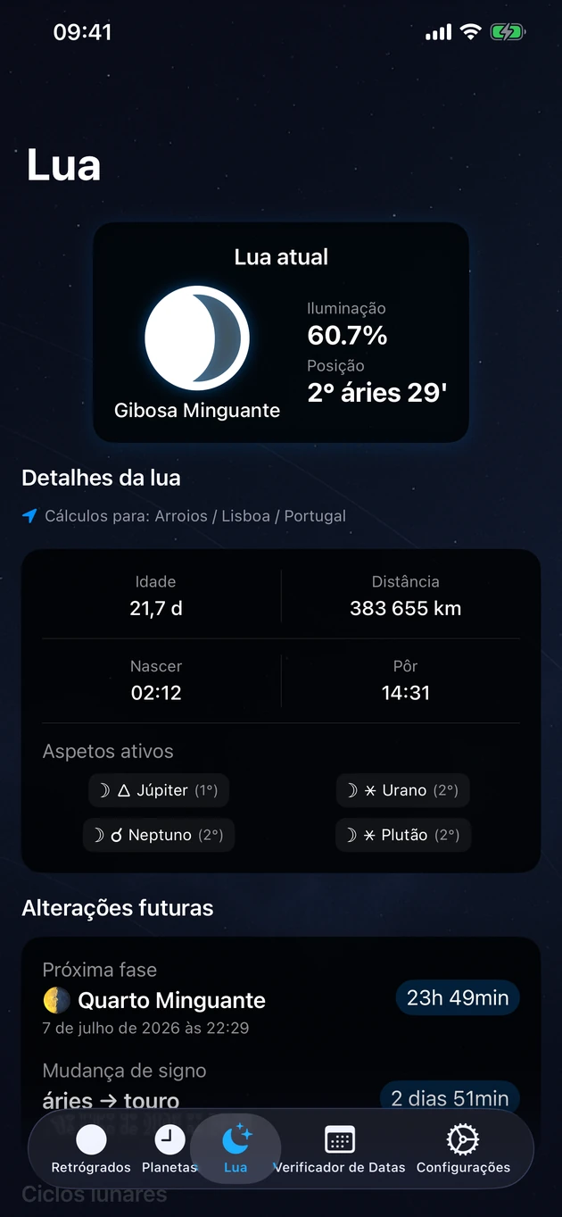 Fase, signo, iluminação e nascer e pôr — para a tua localização exata.