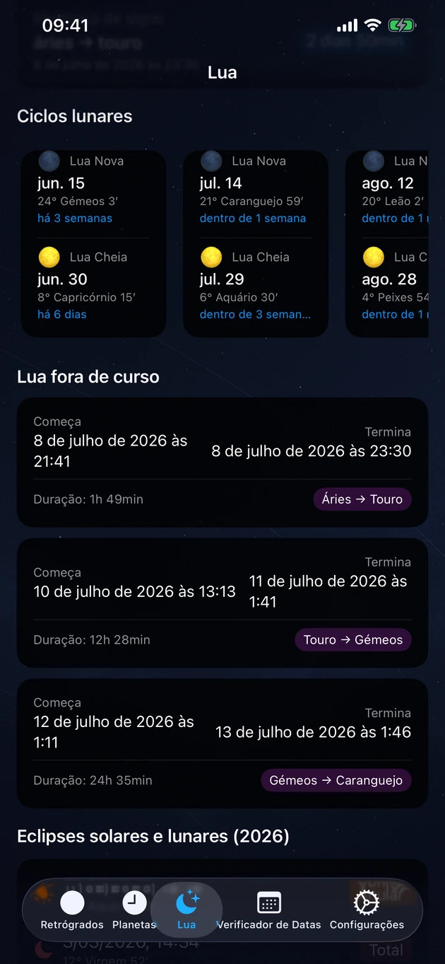 Luas novas e cheias, vazia de curso e os eclipses do ano.