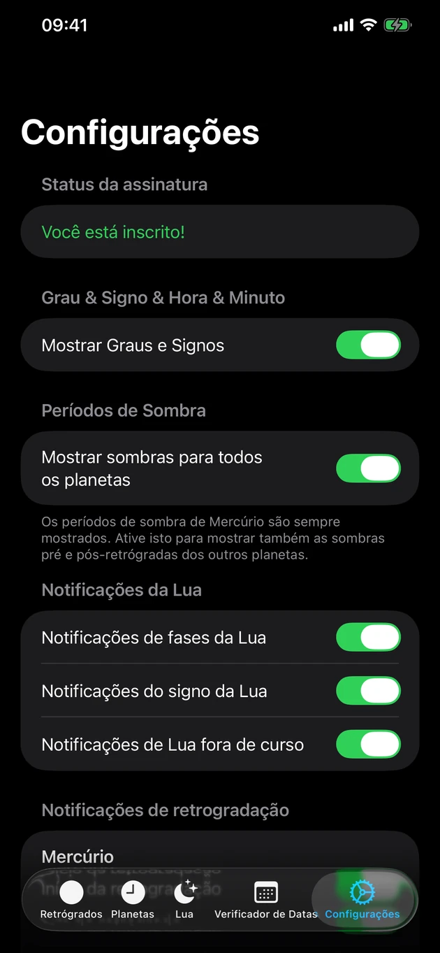 Sê avisado quando uma retrógrada começa ou acaba — e nas fases lunares.