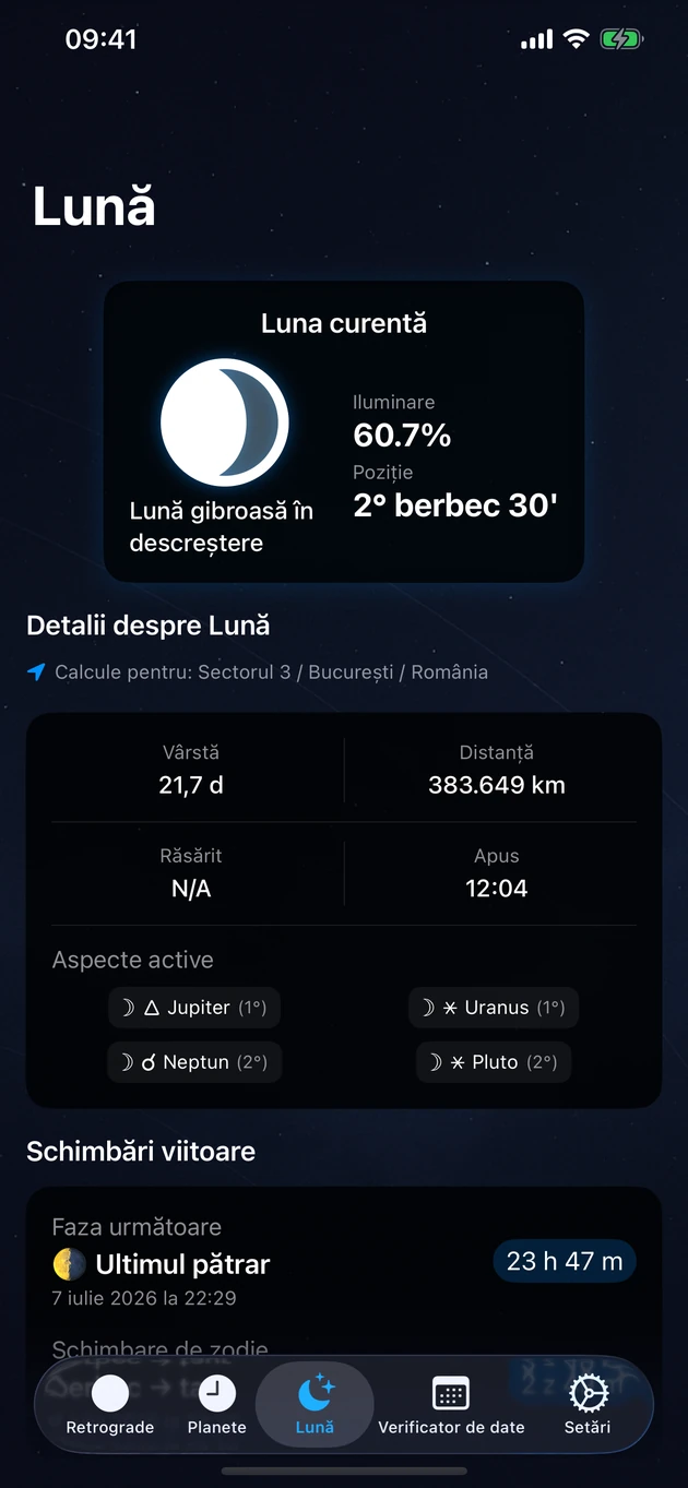 Fază, semn, iluminare și răsărit și apus — pentru locația ta exactă.