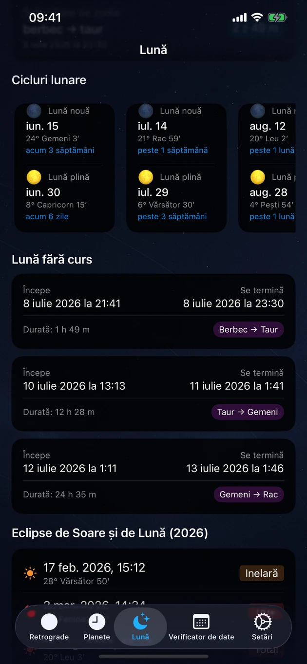 Luni noi și pline, perioade fără curs și eclipsele anului.