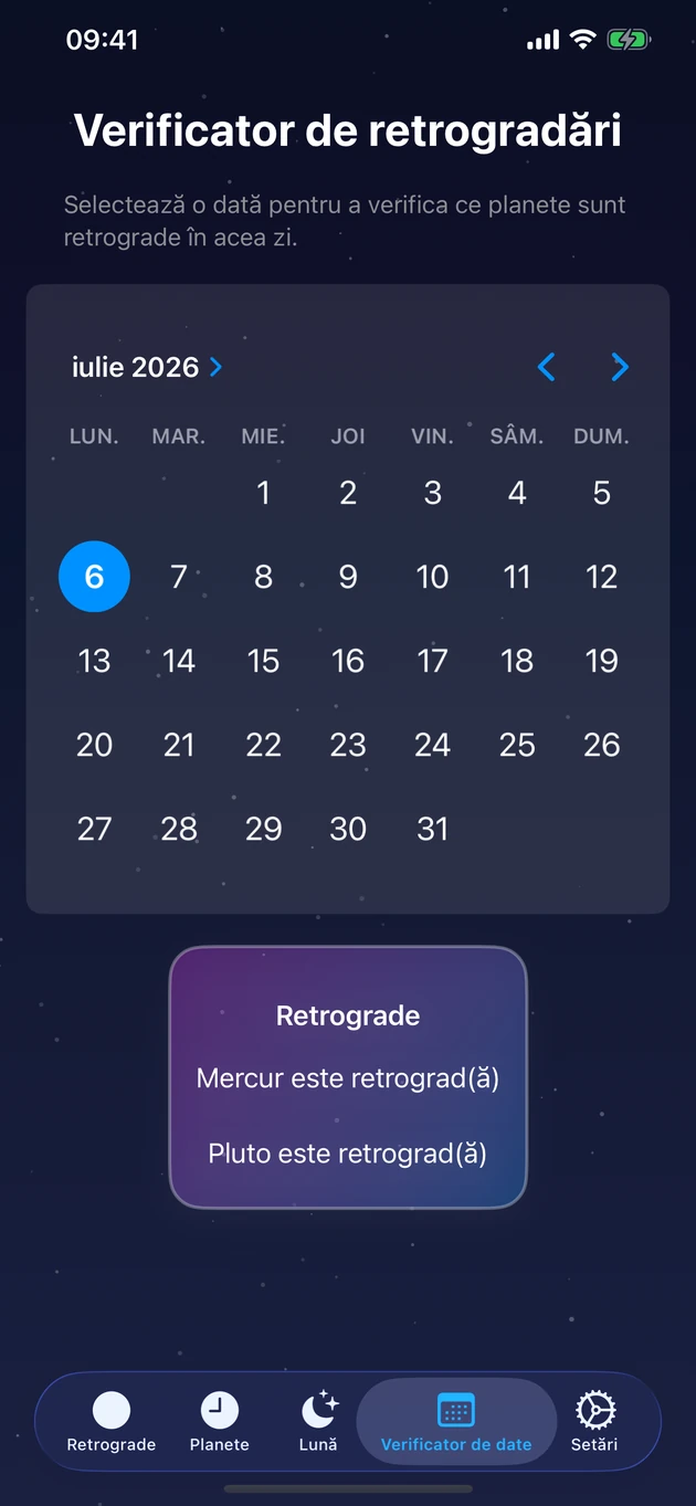 Alege o zi și vezi instant ce planete sunt retrograde.