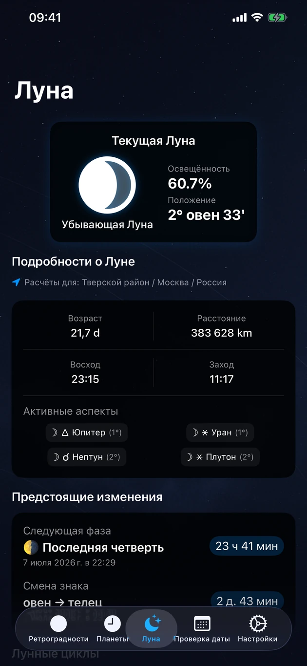 Фаза, знак, освещённость, восход и заход — для вашего места.