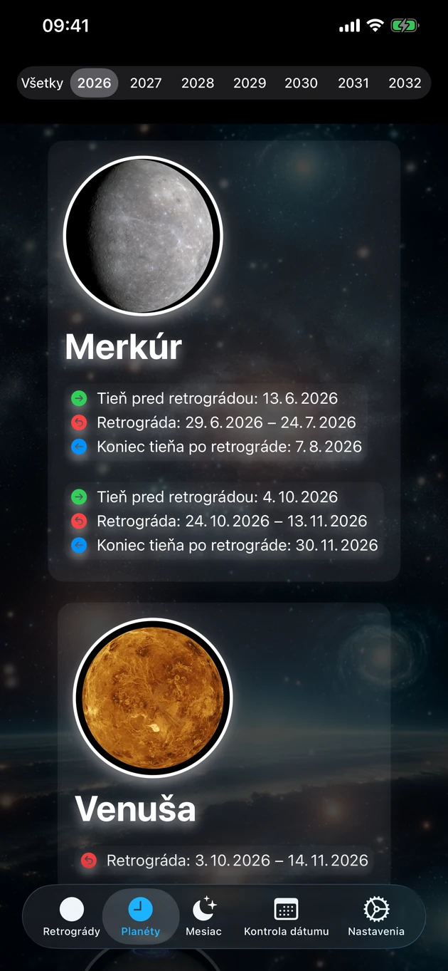 Retrogrády a obdobia tieňa každej planéty, desaťročia dopredu.