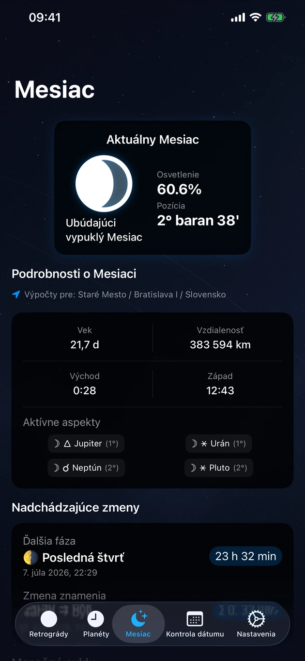 Fáza, znamenie, osvetlenie, východ a západ — pre vaše miesto.