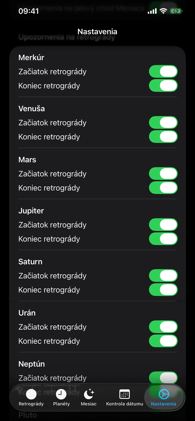 Zapnite oznámenia o začiatku a konci retrográdu pre planéty, ktoré si vyberiete.