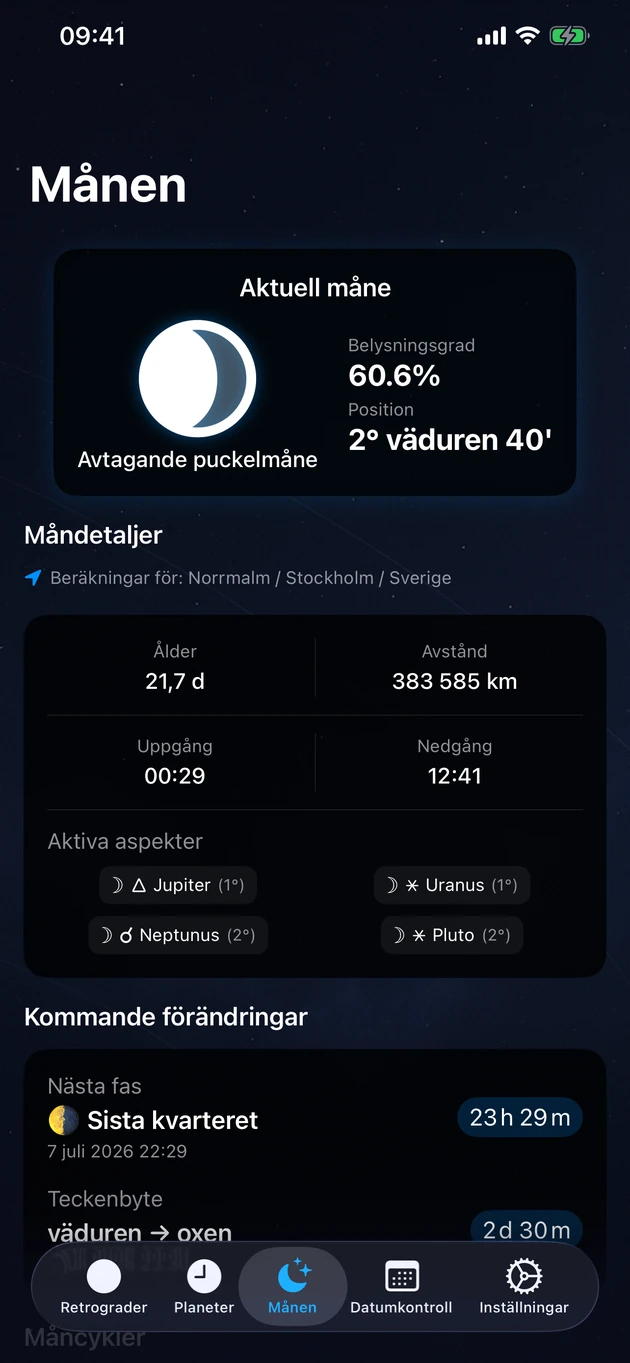 Fas, tecken, belysning och upp- & nedgång för din plats.
