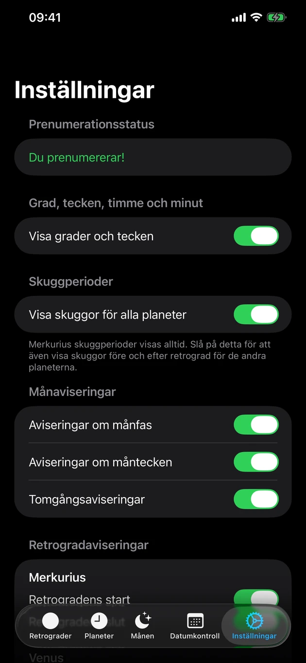 Få besked när en retrograd börjar eller slutar — och vid månbyten.