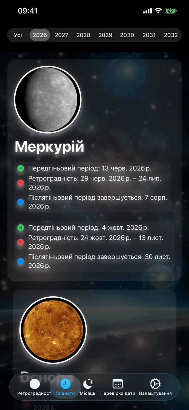 Ретрогради й періоди тіні для кожної планети на десятиліття.