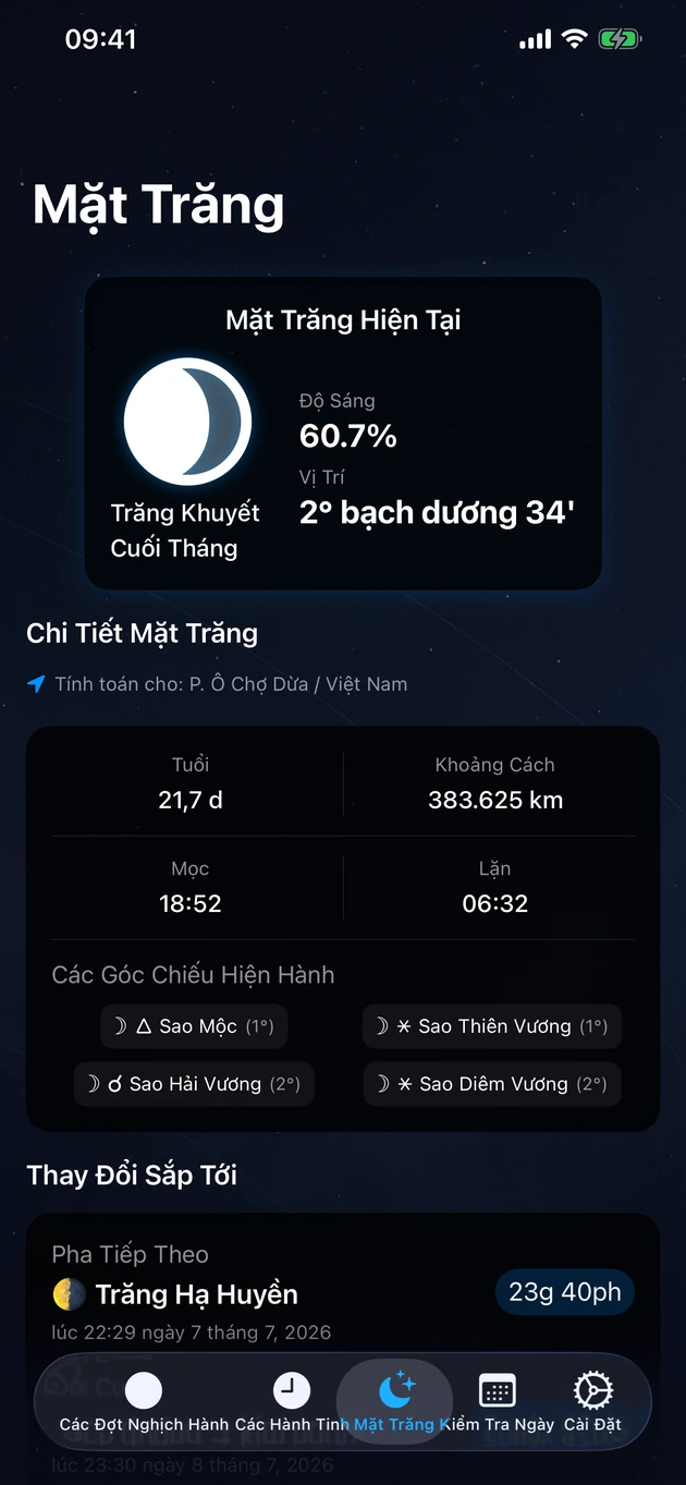Pha, cung, độ sáng, mọc & lặn — cho đúng vị trí của bạn.