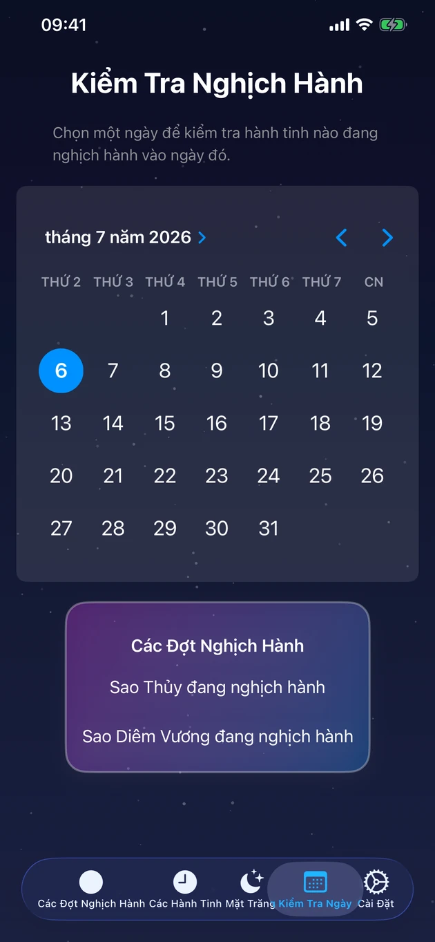 Chọn một ngày và thấy ngay hành tinh nào đang nghịch hành.