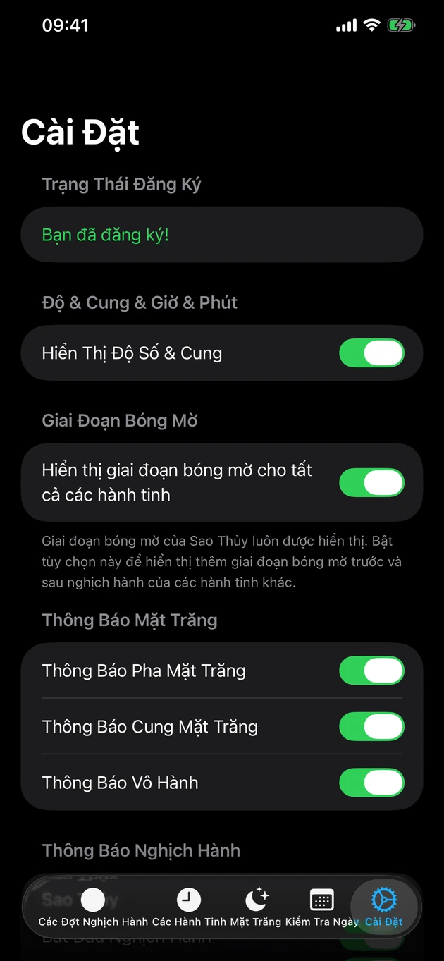 Được báo ngay khi kỳ nghịch hành bắt đầu hay kết thúc — và khi trăng đổi pha.