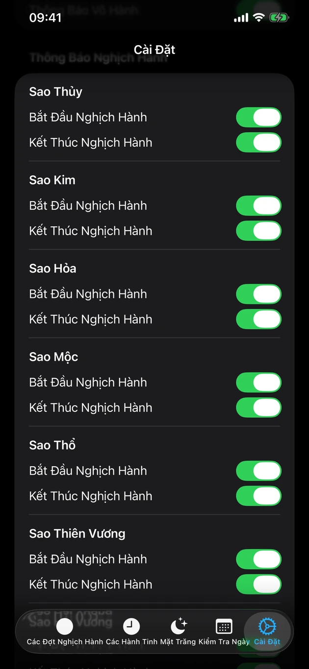 Bật báo bắt đầu và kết thúc nghịch hành cho các hành tinh bạn chọn.