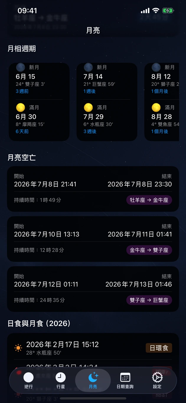 新月與滿月、月亮空亡時段,以及本年度的日月食。